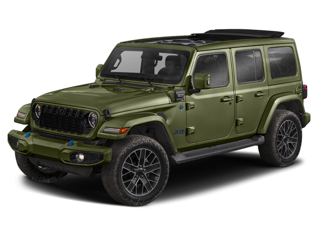 An army green Jeep Wrangler 4xe