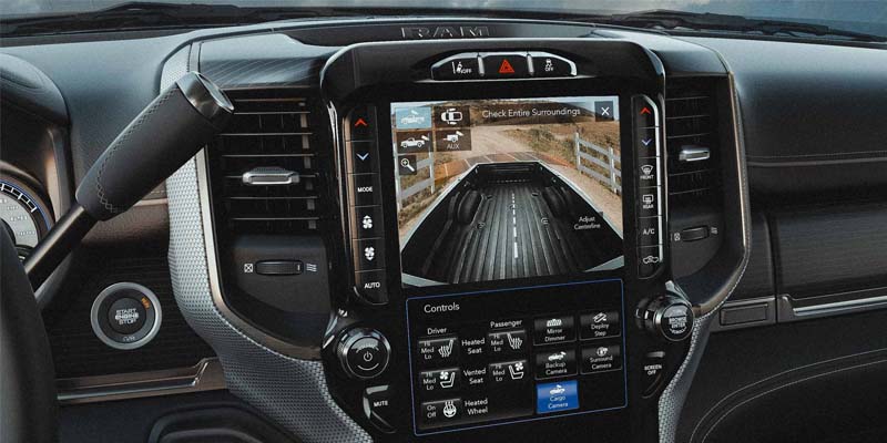 An image of the RAM 3500 dashboard with the backup camera activated.