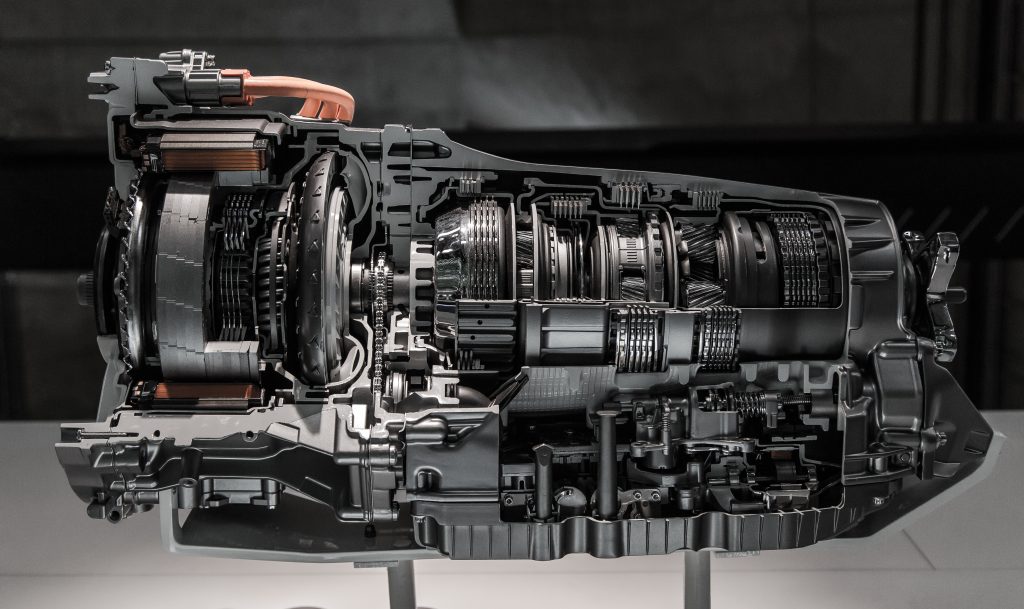 A cutaway view of an automotive transmission.