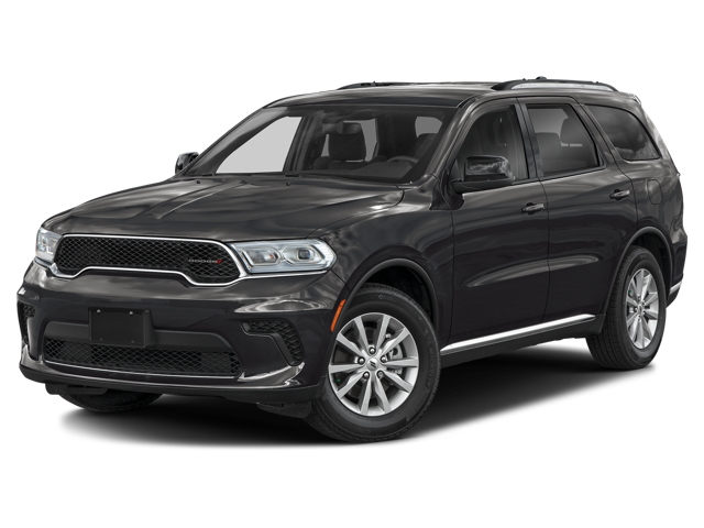 a black 2026 Dodge Durango SUV as seen from the exterior front and driver's side, against a white background